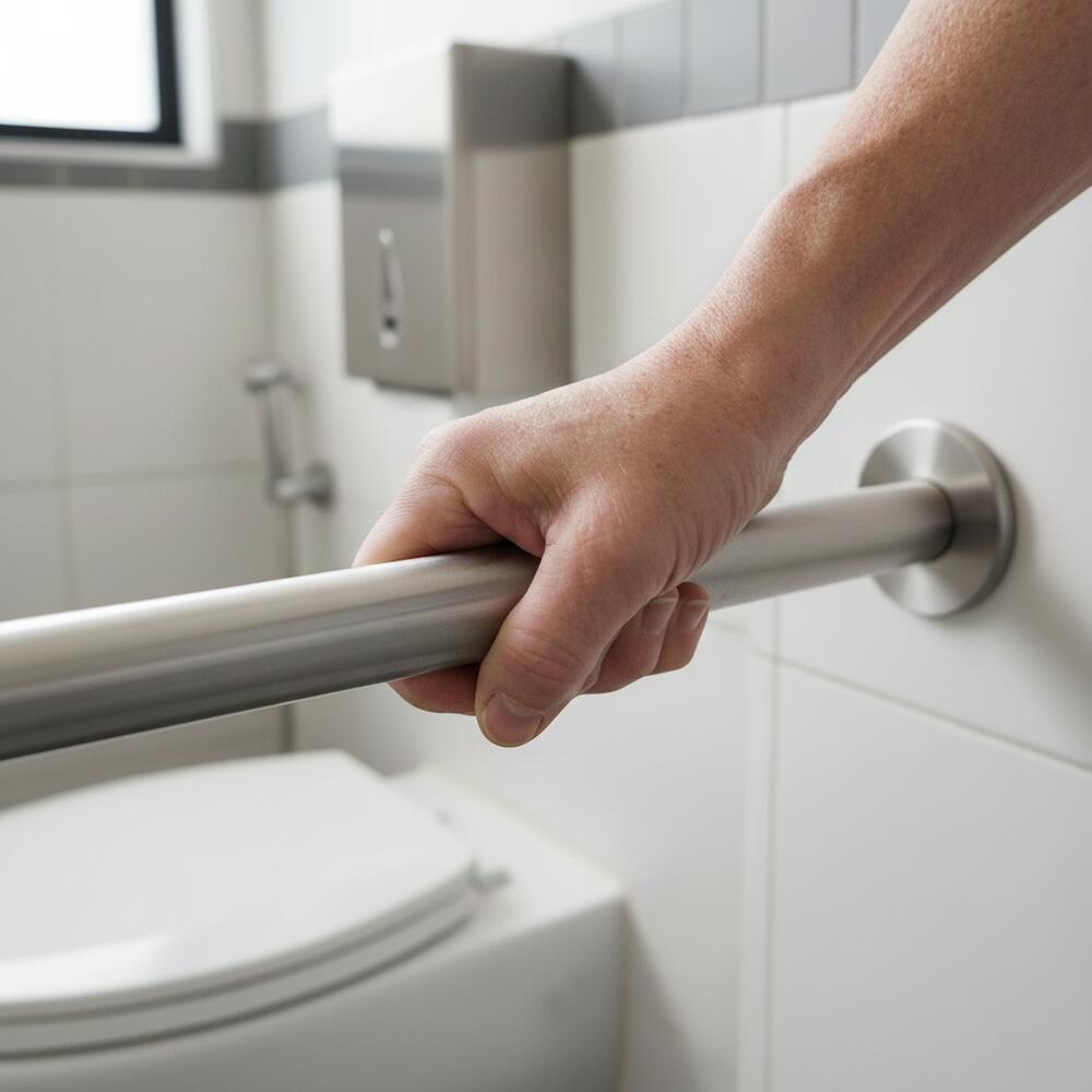 手扶著廁所的扶手以防止滑倒